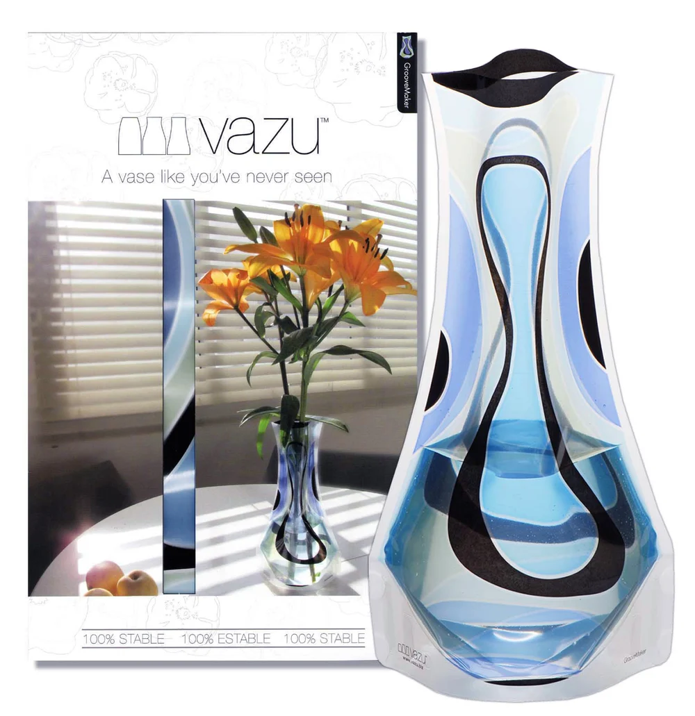 GrooveMaker · Blue & black vase and gift packaging